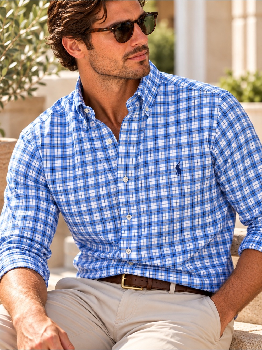 Polo Ralph Lauren Classic Fit Stretch Plaid Shirt XL Blue White #627